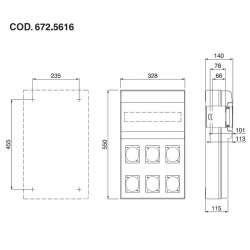 672.5616 - zásuvková skříň DOMINO IP66 - 16 DIN, 6x otvor pro 16/32A OPTIMA